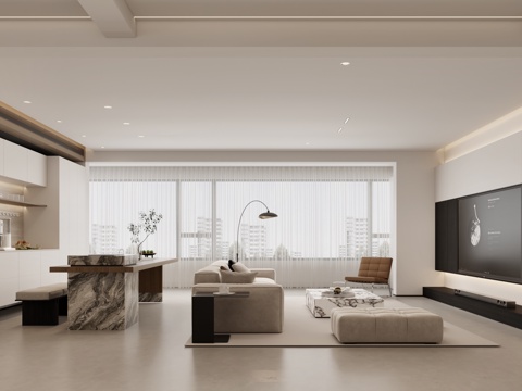  现代奶油风客餐厅 奶油风餐厅 奶油风厨房 奶油风沙发茶桌3d模型 