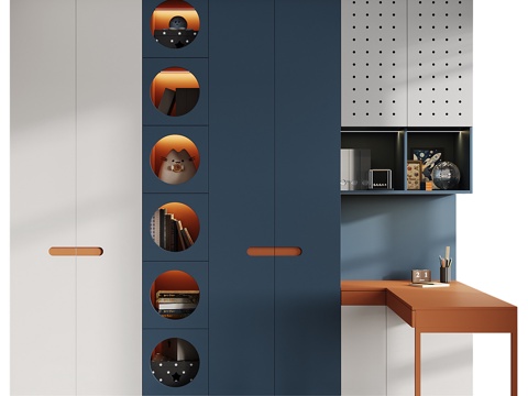  现代儿童衣柜 书柜组合3d模型 