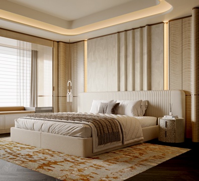  现代轻奢卧室 布艺双人床 轻奢床 床头背景墙 床头柜3d模型 