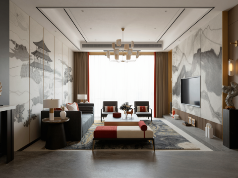 新中式客厅沙发茶几组合su模型