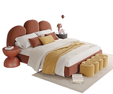  现代儿童床 床尾凳 床头柜su模型 