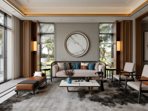 新中式客厅多人组合沙发单人沙发茶几窗户su模型su模型