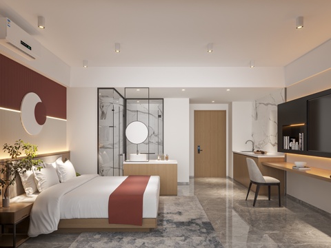  现代宾馆 酒店客房 标间3d模型 