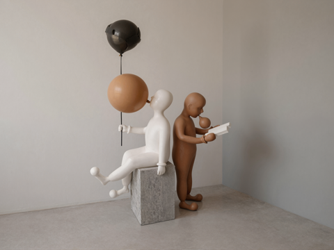 现代人物吹泡泡雕塑摆件su模型