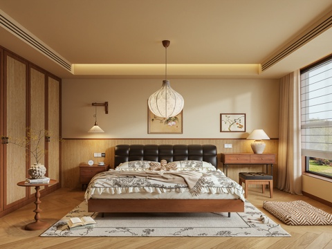  卧室 双人床 梳妆台 床头柜 衣柜 摆件3d模型 