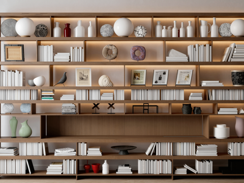 现代书架书籍摆件组合 相框 陶瓶书柜su模型