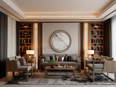 新中式客厅沙发茶几组合su模型