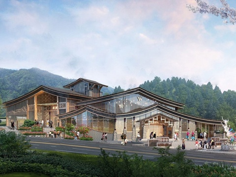  新中式游客中心  游客驿站建筑 游客接待中心su模型 