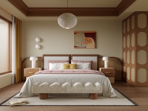  现代卧室 双人床 床头柜su模型 