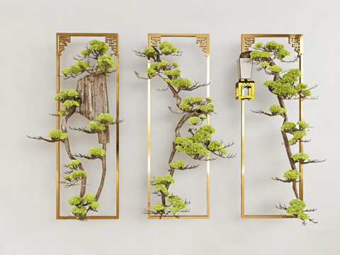 新中式禅意装饰画 金色金属画框 松树盆景 原创墙面艺术品su模型