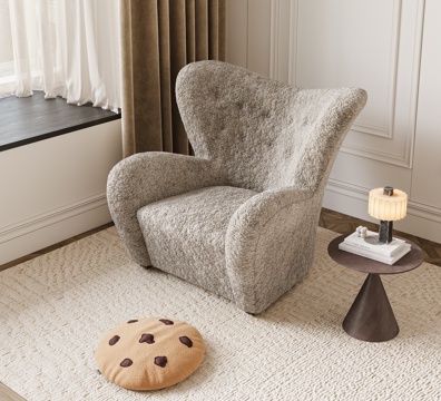  复古中古风羊羔绒单人沙发 人鱼沙发 休闲椅 沙发椅3d模型 