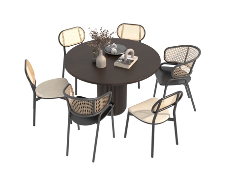  中古风圆形餐桌椅3d模型 