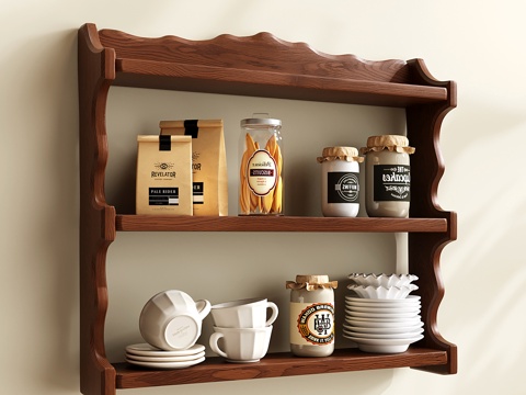 法式置物架 复古收纳架 壁挂餐厅装饰架 书架 咖啡厅杯架su模型