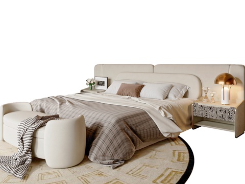  现代轻奢双人床 轻奢床 台灯 床头柜 床尾凳3d模型3d模型 