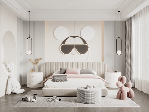  现代儿童房 女儿房 床头背景墙 儿童床 儿童饰品摆件 儿童衣3d模型 