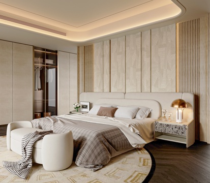  现代轻奢卧室 布艺双人床 轻奢床 床头背景墙 台灯 床头柜3d模型 