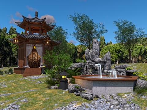  中式古建 八角楼 亭楼 景观亭 阁楼 景观池 水系3d模型 