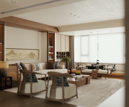  新中式客厅 宋式美学客厅 客厅茶室一体 榻榻米茶室3d模型 