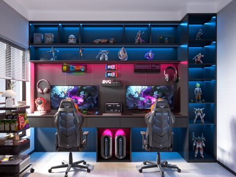  现代电竞房 电竞室 简约娱乐室 电脑桌椅3d模型 