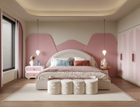  现代儿童房 女孩房 卧室 儿童床 儿童床头柜3d模型 