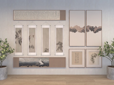  新中式水墨书画组合挂饰3d模型 