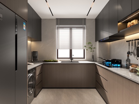  现代简约厨房 橱柜组合 厨房用品 意式极简 U行厨房3d模型 