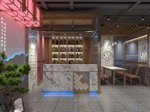  新中式餐厅 收银台 接待台 中式景观 中餐 餐厅卡座3d模型 