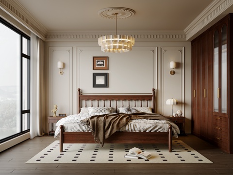  法式中古风卧室 实木双人床 床头柜 吊灯 挂画 地毯su模型 