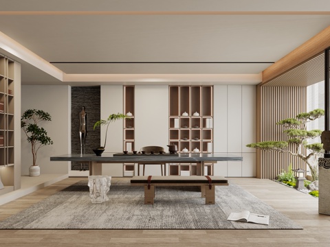  禅意新中式茶室 休闲书房 宋式美学茶室 别墅办公茶室3d模型 