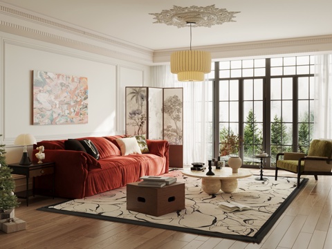  法式中古风客厅 横厅 大平层客厅3d模型 