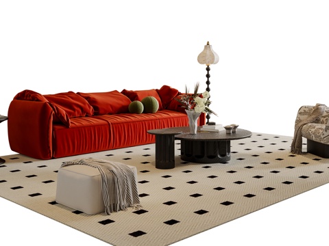 法式沙发茶几组合 三人沙发 休闲沙发 落地灯 地毯su模型