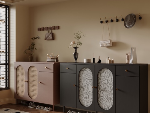  中古风鞋柜 法式鞋柜 挂衣板su模型 