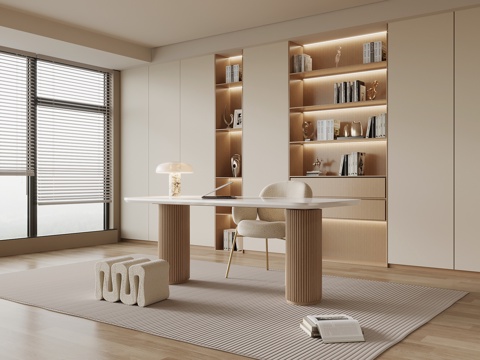  奶油风书房 书桌椅 书柜3d模型 