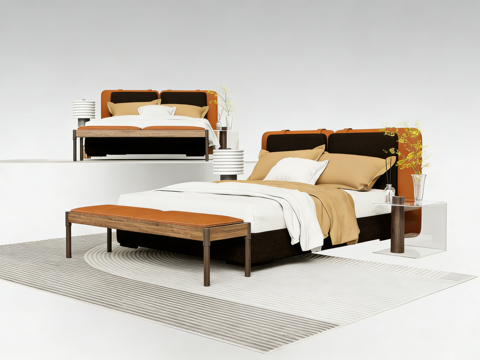  现代酒店风卧室家具 大床 玻璃床头柜 床尾凳su模型 