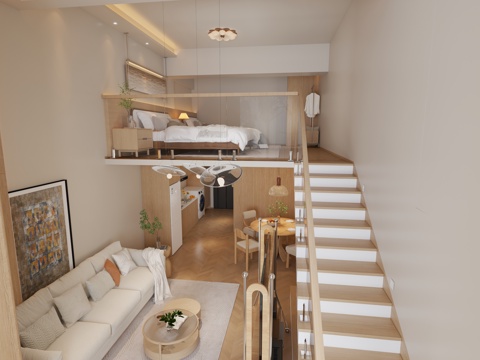  奶油原木风LOFT公寓3d模型 