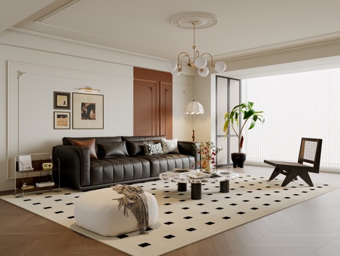  法式中古风客厅 沙发茶几 休闲椅 挂画 吊灯 落地灯 地毯su模型 