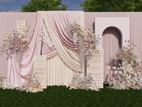 小众香槟粉布幔婚礼美陈su模型