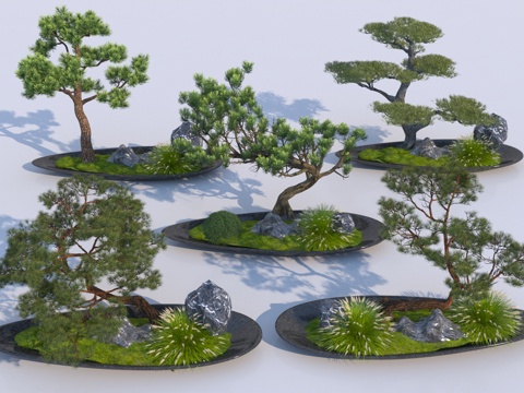  中式禅意黑岩盆景3d模型 