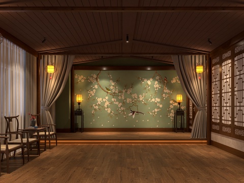  新中式剧本杀 剧本杀包间 桌游室 推理 三国杀 密室 桌椅3d模型 