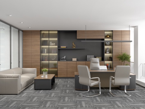  现代董事长 经理办公室 实木办公桌 实木整墙后背柜 大班椅台3d模型 