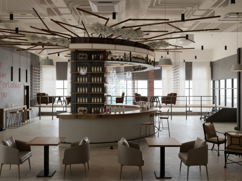  工业风酒吧_清吧_酒吧台_卡座区_吧台_收银台_酒柜_卡座_su模型 