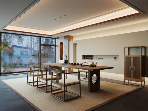  新中式茶室 茶桌椅 博古架su模型 