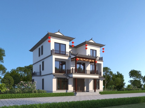  新中式别墅3d模型 