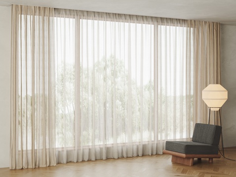  现代简约双层窗帘 亚麻窗帘 纱帘su模型 