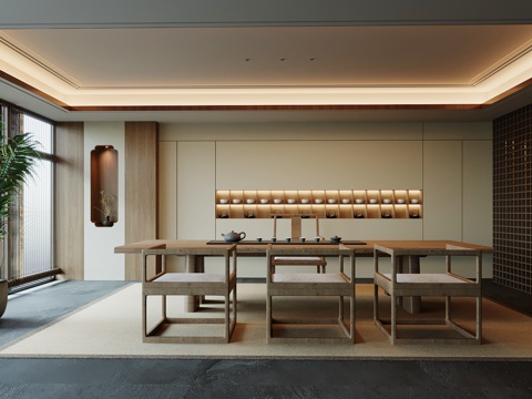 新中式茶室 茶桌椅 博古架su模型