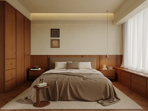 中古风卧室 双人床 衣柜su模型