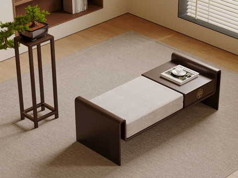  新中式床尾塌 换鞋沙发 长形沙发 床尾凳 花架su模型 