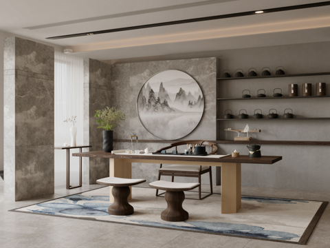  新中式茶室 茶桌椅组合su模型 