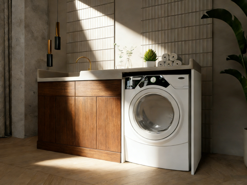  现代简约阳台洗衣柜 洗衣机台上盆 储物柜 绿植花瓶毛巾su模型 