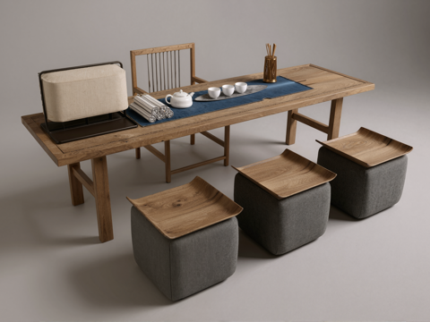 新中式茶桌椅su模型